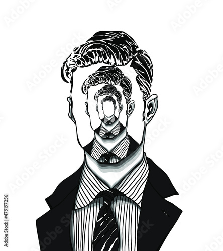 Concept hand drawn portrait of a strange handsome man with anonymous face of himself repeated like in an endless mirror. Isolated vector illustration in modern and surreal tattoo art. 