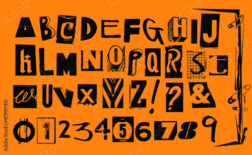 Punk typography vector alphabet and numbers. Type specimen set for grunge font flyers and posters or ransom note style designs.