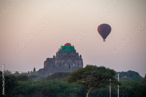 Hot air balloons flying over ancient temples of Bagan, Myanmar