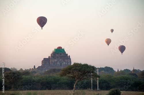Hot air balloons flying over ancient temples of Bagan, Myanmar