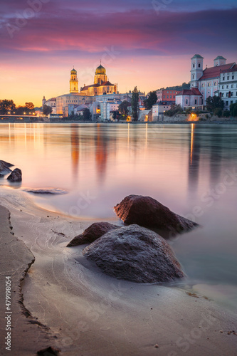 Passau Skyline, Germany. Cityscape image of Passau skyline, Bavaria, Germany at dramatic sunset.