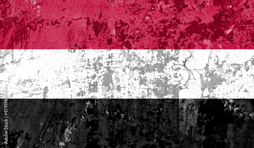Yemen flag on old paint on wall. 3D image