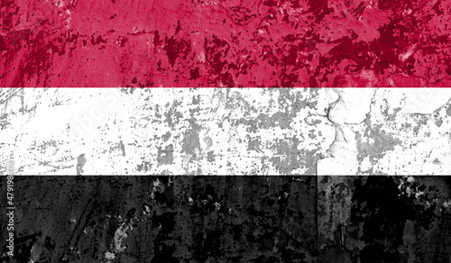 Yemen flag on old paint on wall. 3D image photo