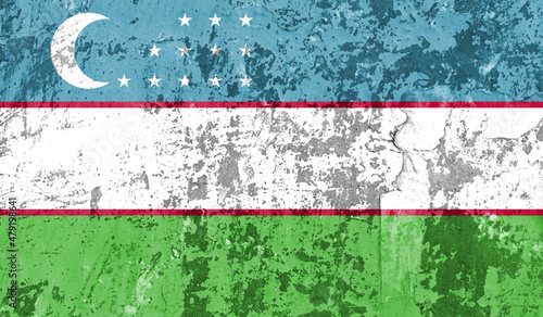 Uzbekistan flag on old paint on wall. 3D image