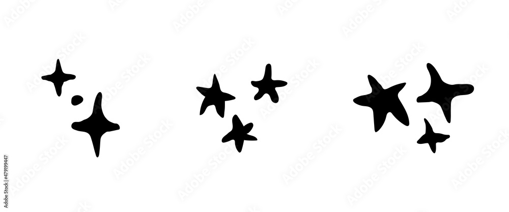 Abstract geometric shapes of stars in doodle or scribble style as a decorative element for contemporary trendy design. Isolated black silhouettes set, vector illustration
