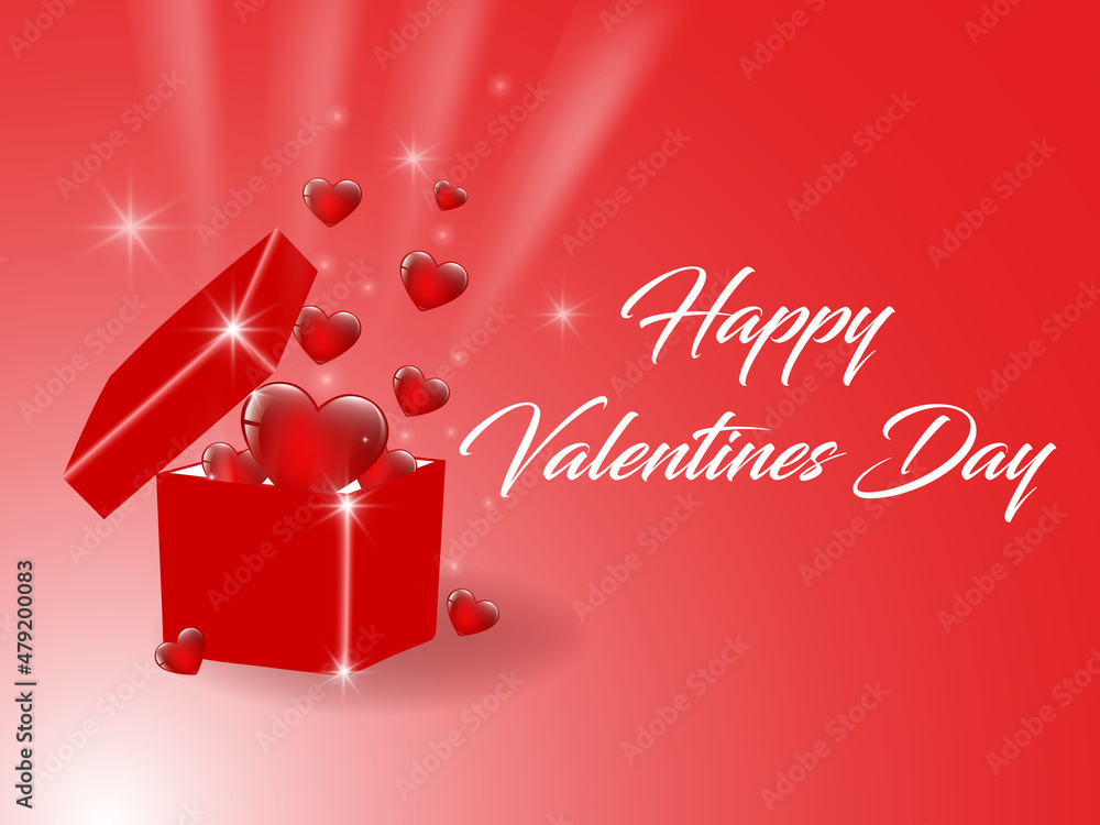 Design for Valentine's Day. Realistic red gift boxes. Open gift box full of holiday hearts, web poster, flyer, stylish brochure, greeting card, cover