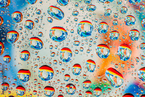 Water droplets on a glass in form of lenses with a colourful background. Wallpaper for screen. Abstract background.