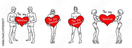 Linear black-white drawing of a naked woman and a man with a red heart with the inscription be my valentine, blank for cards and banners for valentine's day.