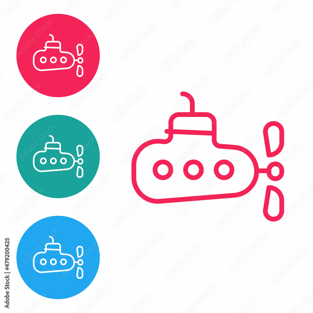 Red line Submarine icon isolated on white background. Military ship. Set icons in circle buttons. Vector Red line Submarine icon isolated on white background. Military ship. Set icons in circle buttons. Vector
