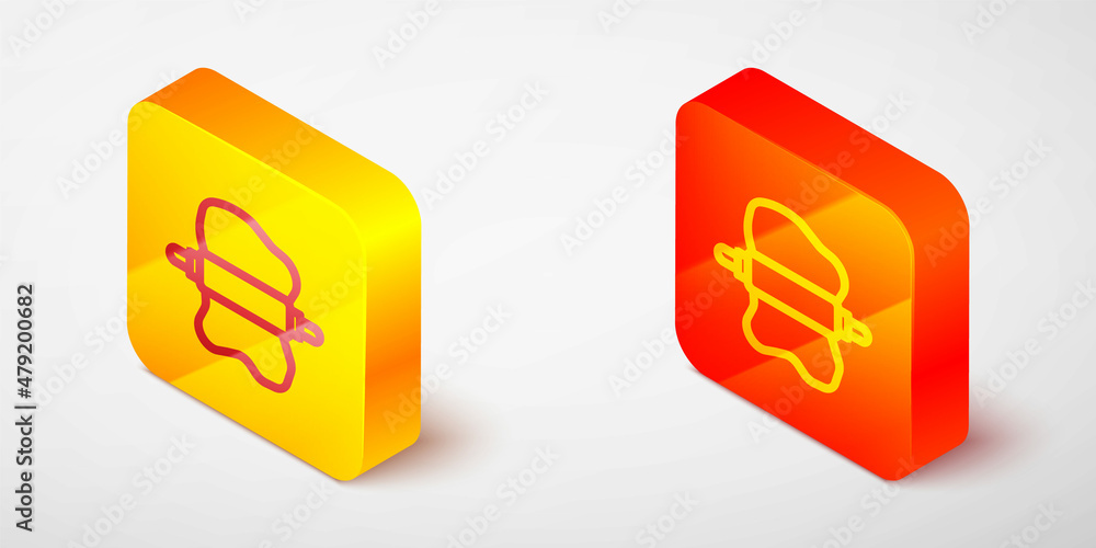 Isometric line Rolling pin on dough icon isolated on grey background. Yellow and orange square button. Vector Isometric line Rolling pin on dough icon isolated on grey background. Yellow and orange square button. Vector