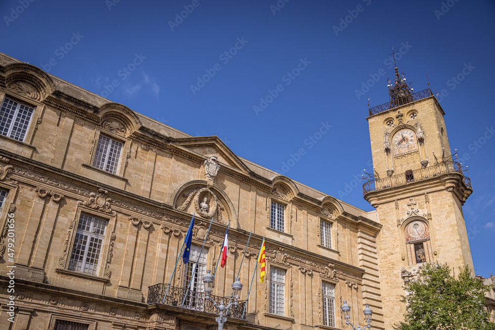 Town hall and clock tower in Aix-en-Provence, France