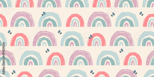 Abstract cute rainbows pattern in doodle style as a seamless texture for contemporary trendy surfaces design. Colorful vector illustration in pastel tender colors