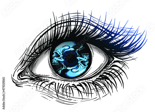 Concept vector illustration of female eye with double circular blue skulls iris.