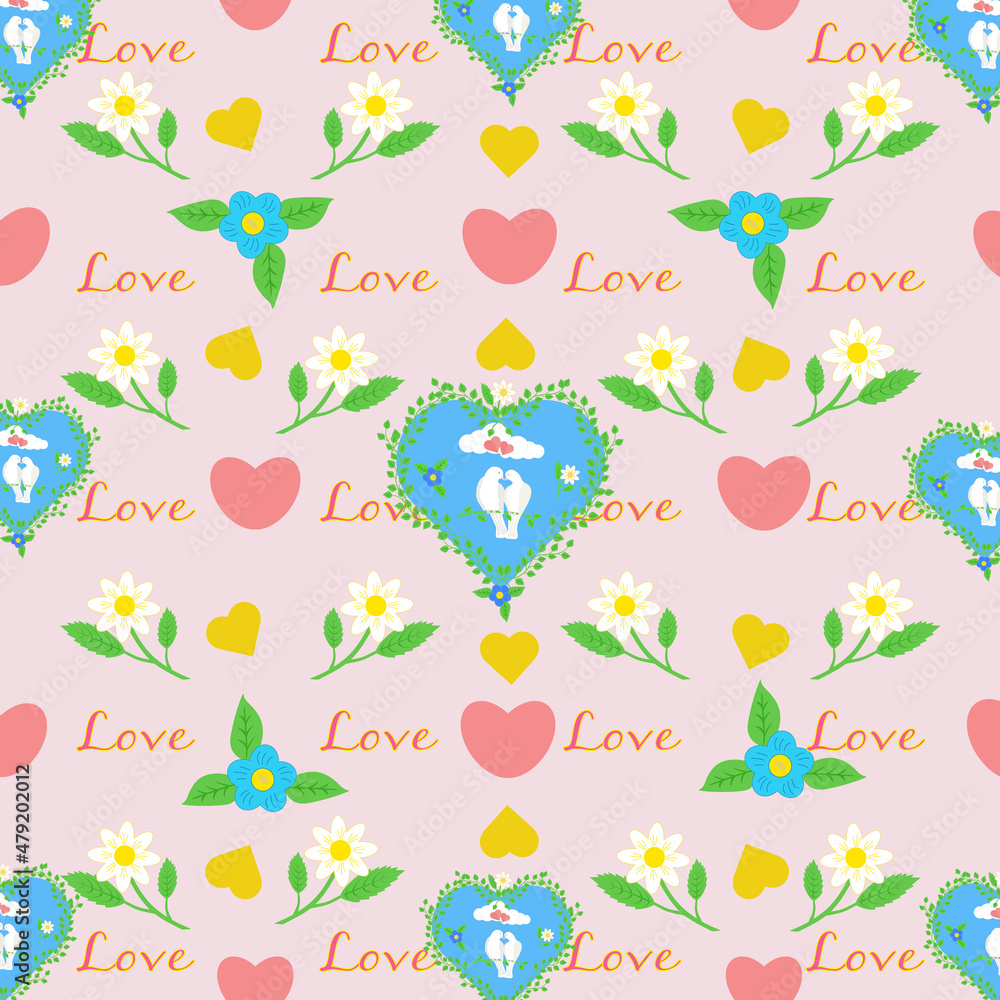 Pattern bright, beautiful with doves, hearts, flowers, love happy Valentines Day