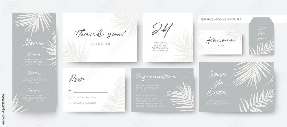 Vector, classy wedding stationery, business card template set. Editable menu, rsvp, thank you, details, label, save the date, place card set. Editable gray and white palm leaves, foliage border, frame - obrazy, fototapety, plakaty 