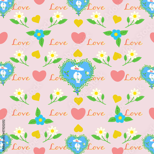 Pattern bright  beautiful with doves  hearts  flowers  love happy Valentines Day