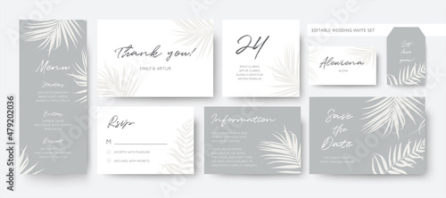 Vector, classy wedding stationery, business card template set. Editable menu, rsvp, thank you, details, label, save the date, place card set. Editable gray and white palm leaves, foliage border, frame
