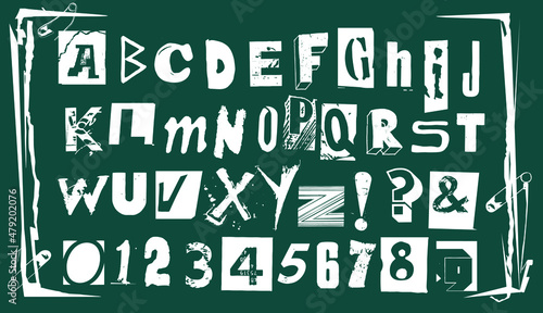Punk typography vector alphabet and numbers. Type specimen set for grunge font flyers and posters or ransom note style designs.
