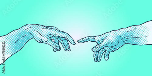 Vector hand drawn illustration of hands reaching in ethereal blue dot halftone pop art style.