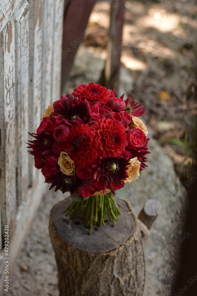 Wedding bouquet . The bride's bouquet. Bouquet of red flowers. Bridal douquet composed of dahlia and roses. Wedding bouquet . The bride's bouquet. Bouquet of red flowers. Bridal douquet composed of dahlia and roses.