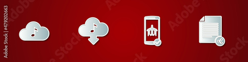 Set Music streaming service, Cloud download music, Flight mode the mobile and Share file icon. Vector