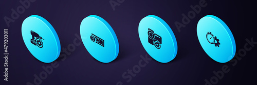 Set Isometric Time management setting, Video camera, Fast payments and Drill machine icon. Vector