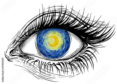 Concept vector illustration of realistic human eye of a girl with glowing bright yellow moon on blue sky iris.