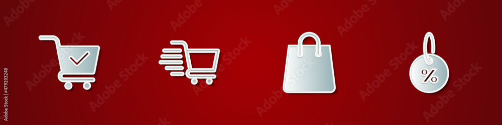 Set Shopping cart with check mark, , Handbag and Discount percent tag icon. Vector Set Shopping cart with check mark, , Handbag and Discount percent tag icon. Vector