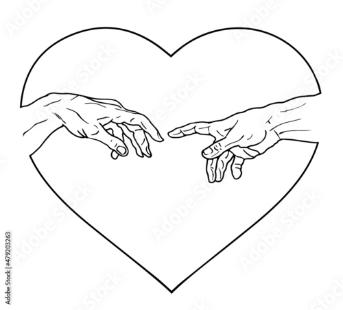 Vector hand drawn black and white illustration of hands reaching inside a heart shape and isolated on white background.