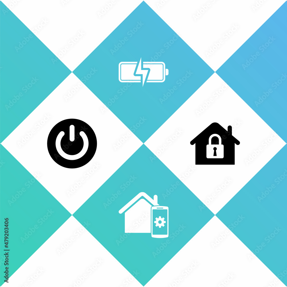 Set Power button, Smart home remote control system, Battery and House under protection icon. Vector Set Power button, Smart home remote control system, Battery and House under protection icon. Vector