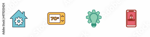 Wallpaper Mural Set Smart home settings, Thermostat, Light bulb and gear and Mobile password protection icon. Vector Torontodigital.ca