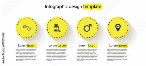 Set Sexy fluffy handcuffs, Bottle with pills for potency, Male gender symbol and Location 18 plus. Business infographic template. Vector