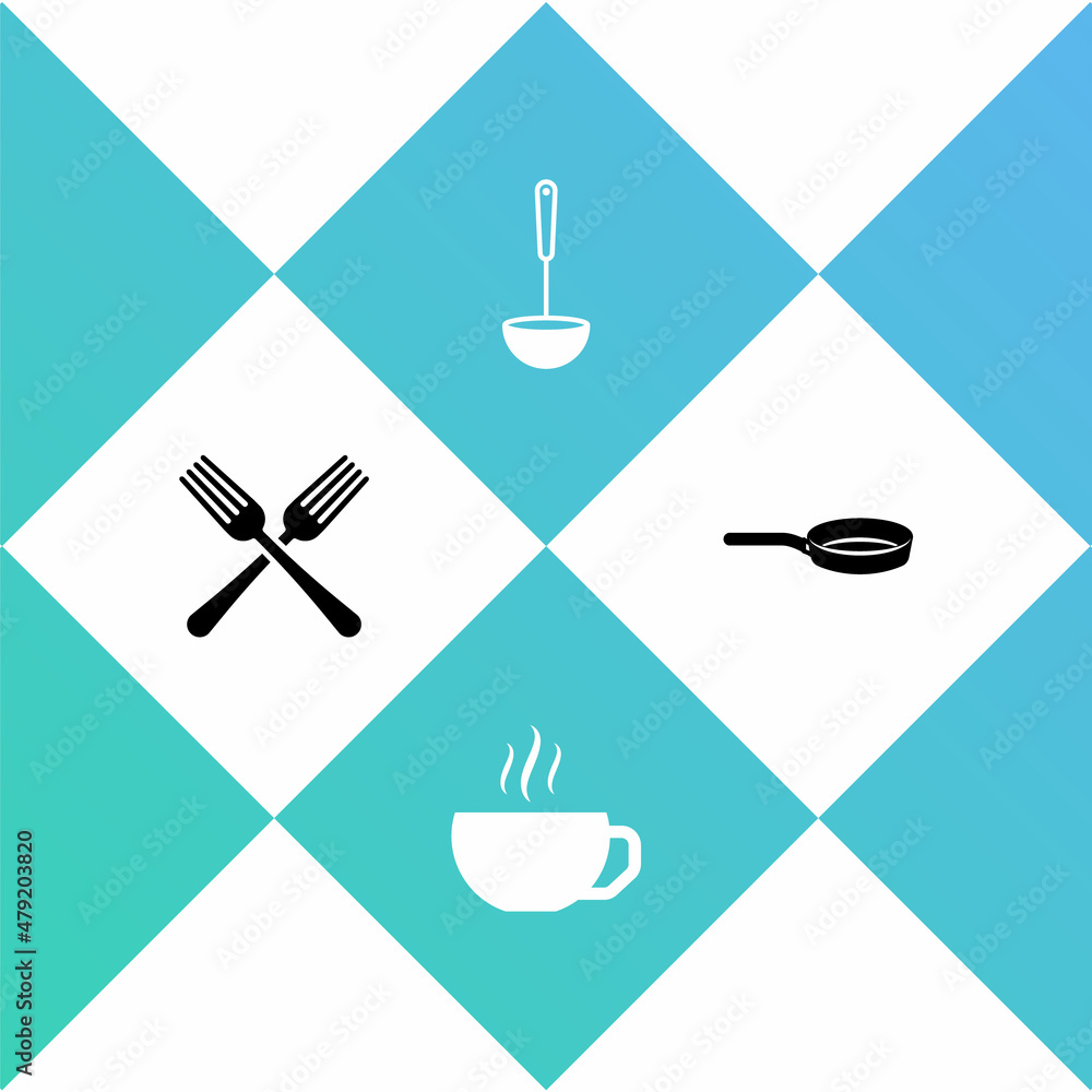 Set Crossed fork, Coffee cup, Kitchen ladle and Frying pan icon. Vector Set Crossed fork, Coffee cup, Kitchen ladle and Frying pan icon. Vector