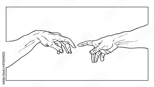 Vector hand drawn black and white illustration from of reaching hands isolated on white background.