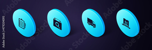 Set Isometric Cardboard boxes on pallet, Delivery cargo truck vehicle, Search package and Verification of delivery list icon. Vector