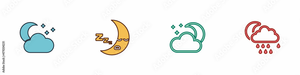 Set Cloud with moon and stars, Moon icon, and rain icon. Vector Set Cloud with moon and stars, Moon icon, and rain icon. Vector