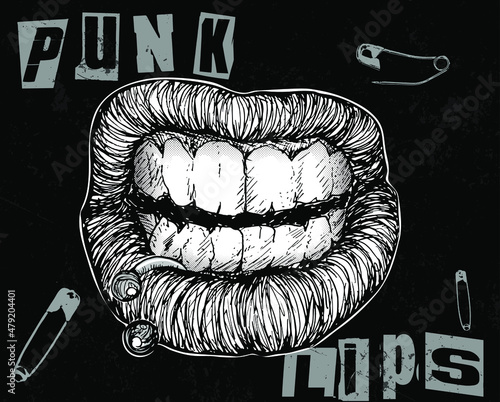 Vector Punk Lips. Hand drawn angry mouth with lip piercing in the style of punk and grunge flyers and posters on black background.