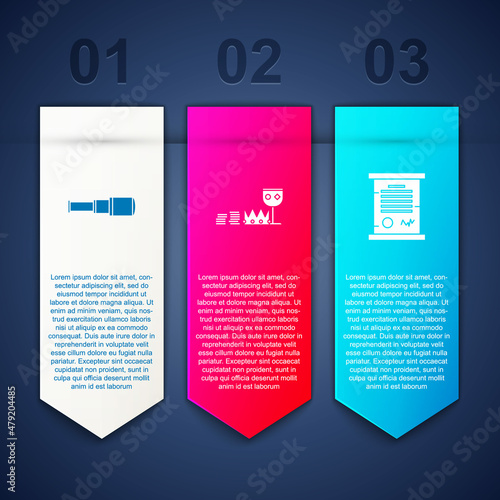 Set Spyglass telescope lens, Treasure and riches and Decree, parchment, scroll. Business infographic template. Vector