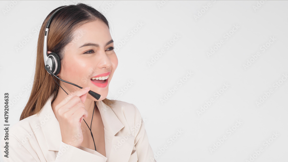 Customer service operator woman in suit wearing headset over white background studio. Customer service operator woman in suit wearing headset over white background studio.