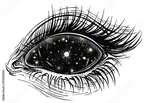 Isolated vector illustration of realistic human black eye of a girl with planets hypnotic pupil on galaxy background.