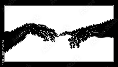 Vector hand drawn black and white illustration from of reaching black hands isolated on white background.