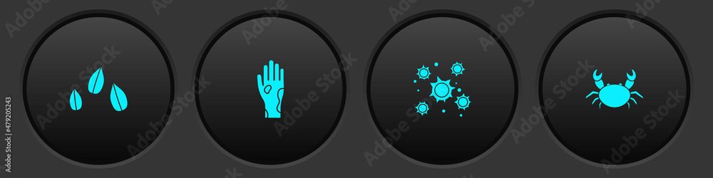 Fototapeta premium Set Sesame seeds, Hand with psoriasis or eczema, Bacteria and Crab icon. Vector