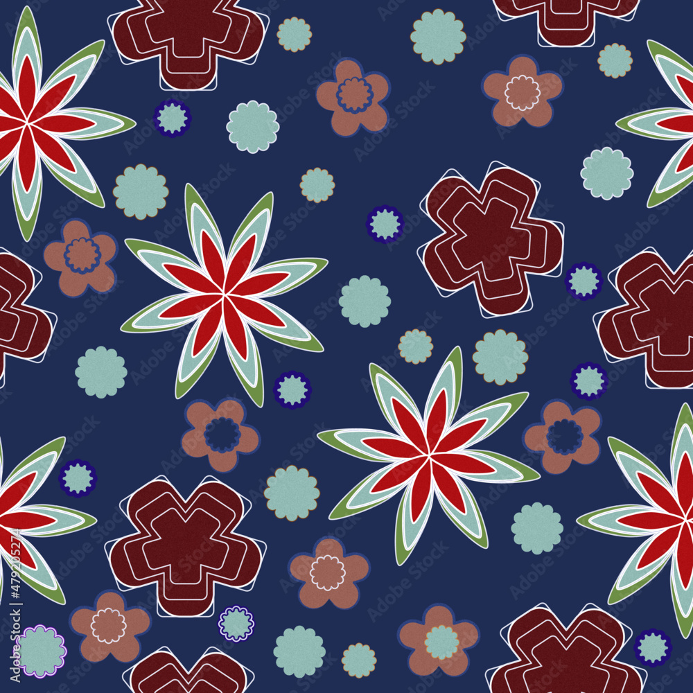 Abstract flowers of brown and green shades with texture on a dark blue background for textile. Abstract flowers of brown and green shades with texture on a dark blue background for textile.