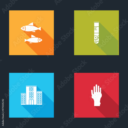 Set Fish, Test tube and flask, Medical hospital building and Hand with psoriasis or eczema icon. Vector