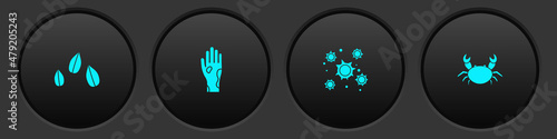 Set Sesame seeds, Hand with psoriasis or eczema, Bacteria and Crab icon. Vector