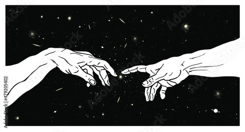 Vector hand drawn illustration of reaching hands on dark universe starry sky.