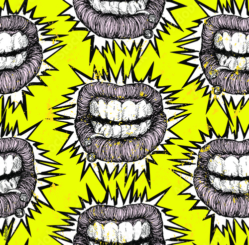 Vector black and white seamless pattern of hand drawn angry mouth with lip piercing in the style of the of punk flyers and posters with sharp spikes bursting out on yellow background.