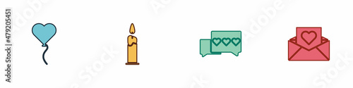 Set Balloon in form of heart, Burning candle, Like and Envelope with Valentine icon. Vector