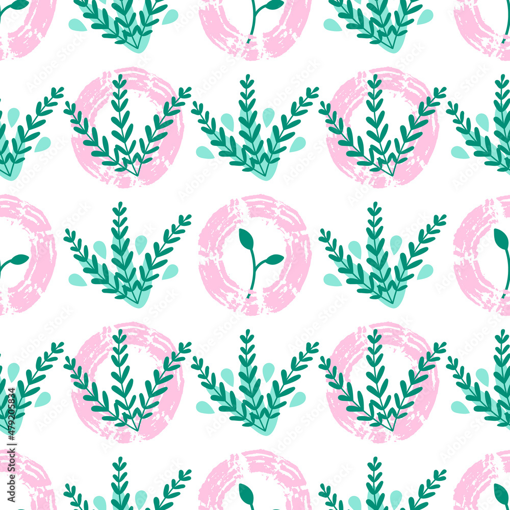 Vector abstract floral seamless pattern with bushes and leaves in fresh green and pink colors in flat doodle style for textile prints on white background.