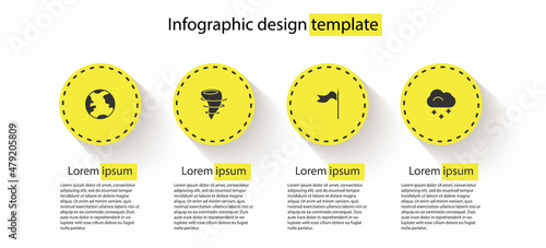 Set Earth globe, Tornado, Meteorology windsock wind vane and Cloud with snow. Business infographic template. Vector